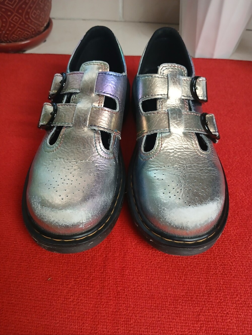 Dr. Martens Kids Iridescent Silver Double-Strap Mary Jane Shoes